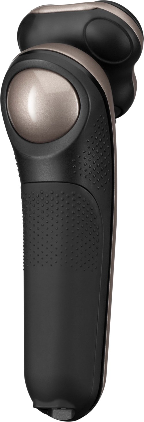A black and metallic handheld device with a rounded, smooth part at the top and textured grip. It looks like a massager.