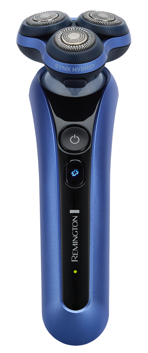 A blue electric shaver with three circular blades on top and a power button below. It has an LED light and a brand name.