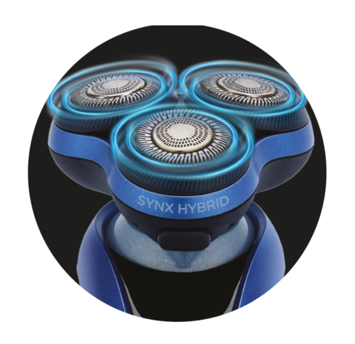 A blue electric shaver with three circular blades, glowing blue lights, and labeled 'SYNX HYBRID' on it.