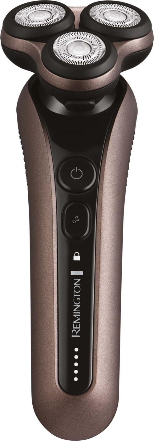 An electric shaver with four circular blades and a long handle, featuring power and mode buttons.