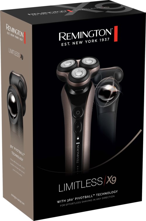 A black box with an electric shaver and a cleaning brush, labeled Remington LIMITLESS X9, with 360-degree pivotball technology.