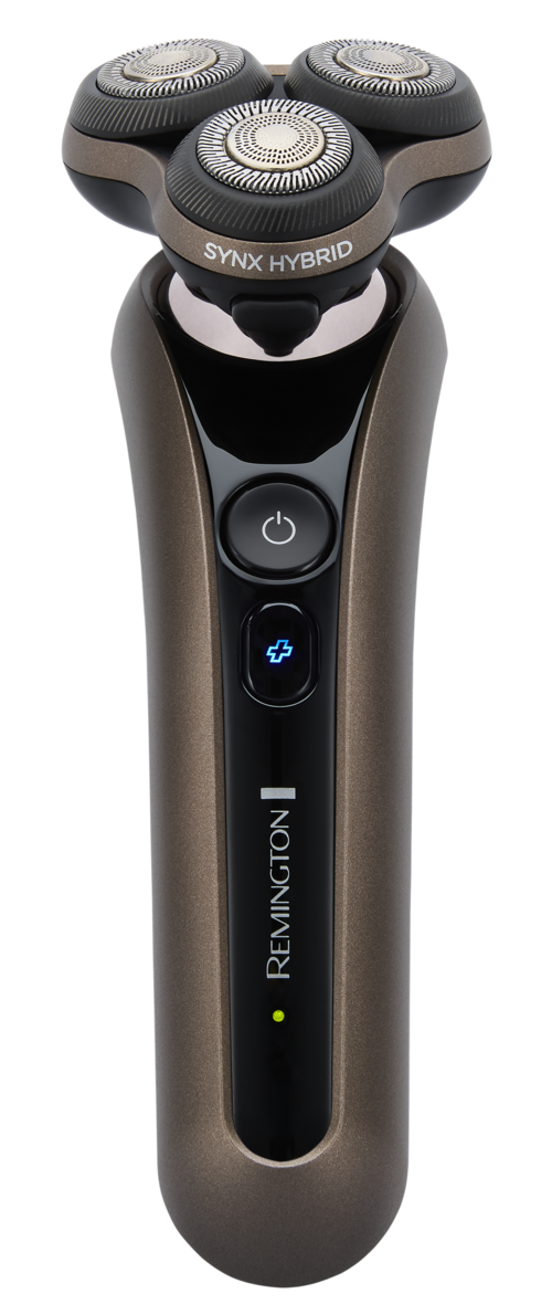A black and gray electric shaver with three circular blades on top, power button, and blue plus button. Brand is Remington.