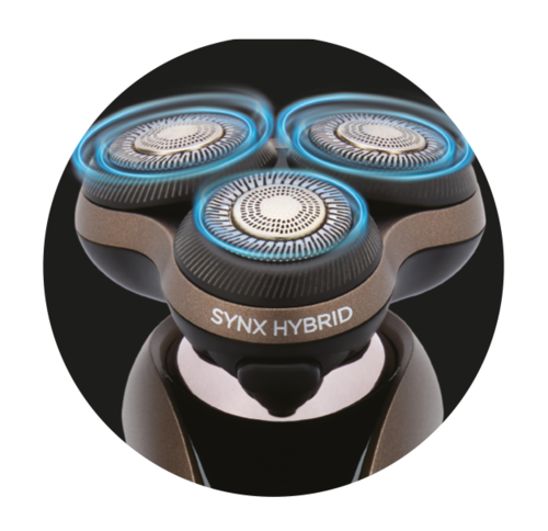 A shaving razor with three circular blades and blue light around them, labeled 'SYNX HYBRID.'