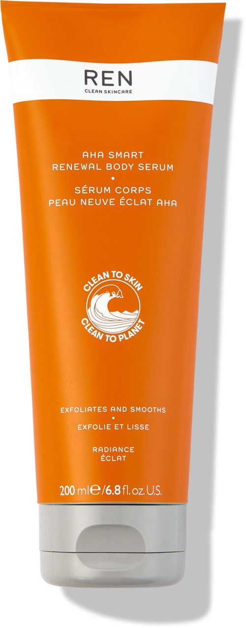 Orange tub av REN AHA Smart Renewal Body Serum med vit lock, text och logga som betonar exfoliering och släthet av huden.