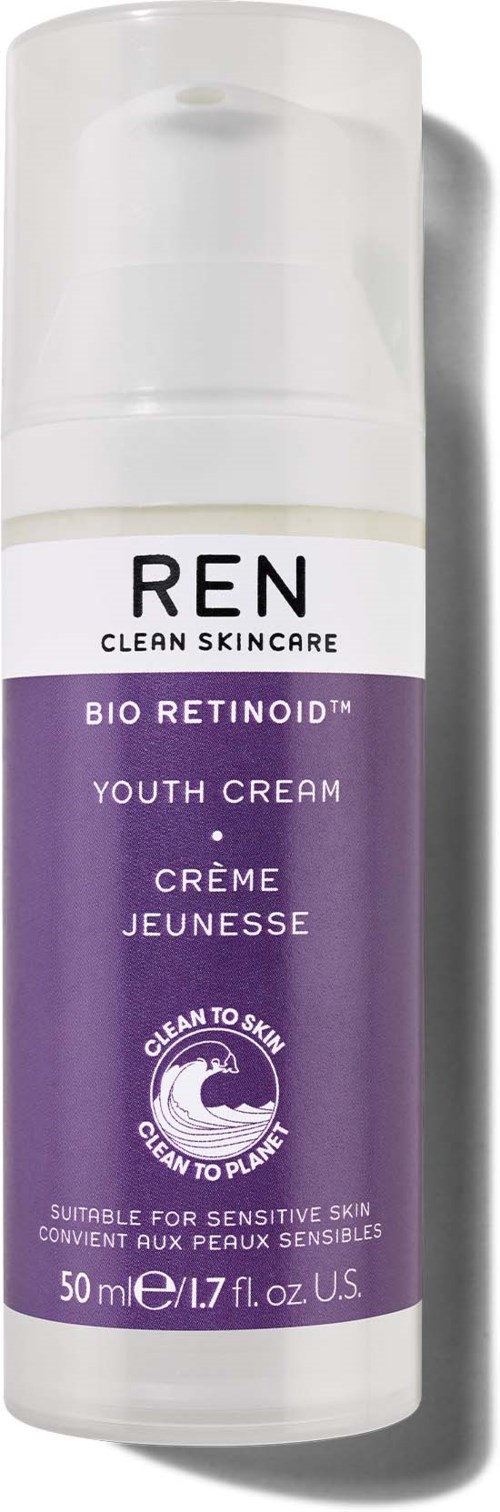 Een witte fles met een paarse etiket voor REN Youth Cream, geschikt voor gevoelige huid, bevat 50 ml.