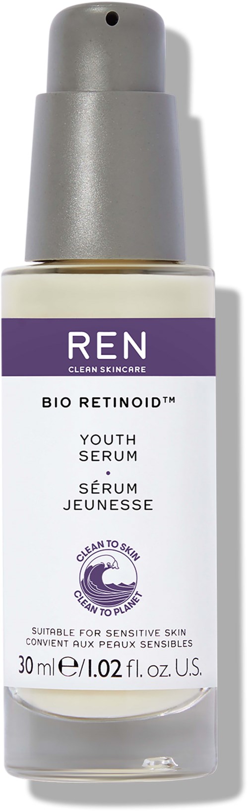Läpinäkyvä seerumipullo, jossa vaaleanpunainen etiketti, mainitaan BIO RETINOID, sopii herkälle iholle, sisältää 30 ml.