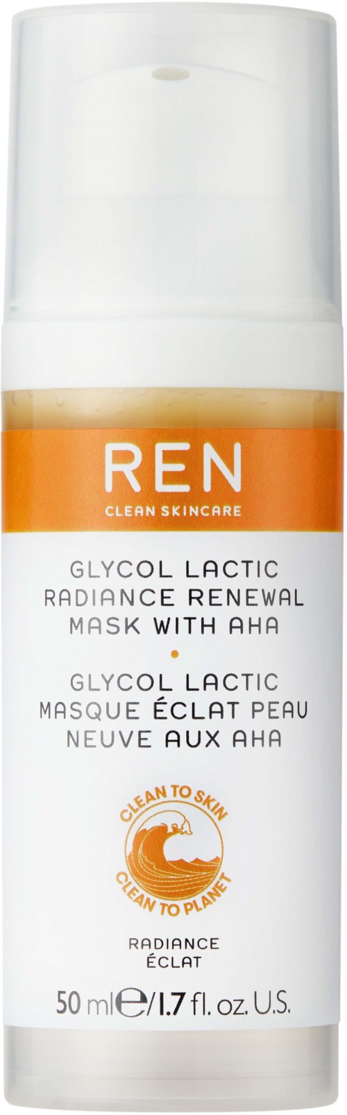 Een huidverzorgingsproduct genaamd REN Glycol Lactic Radiance Renewal Mask with AHA, in een witte fles met oranje etiket.