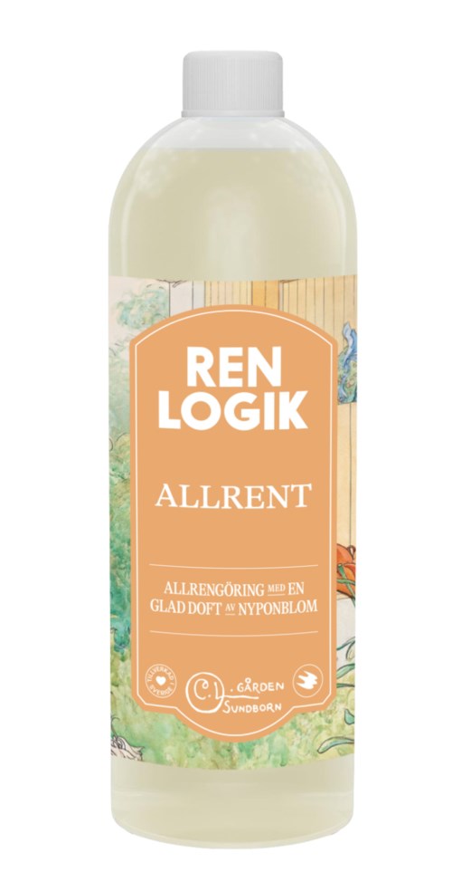 A white bottle with an orange label, contains all-purpose cleaning liquid with a floral design.