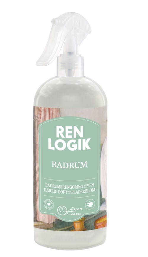 A spray bottle labeled "REN LOGIK BADRUM" for bathroom cleaning, with a spray nozzle on top.