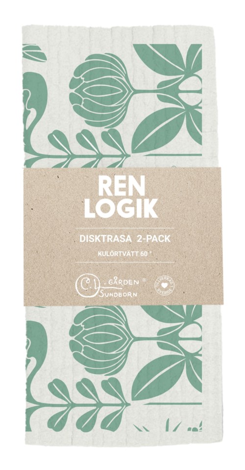 Two paper towels with green plant and flower designs, wrapped in a beige label with white text.