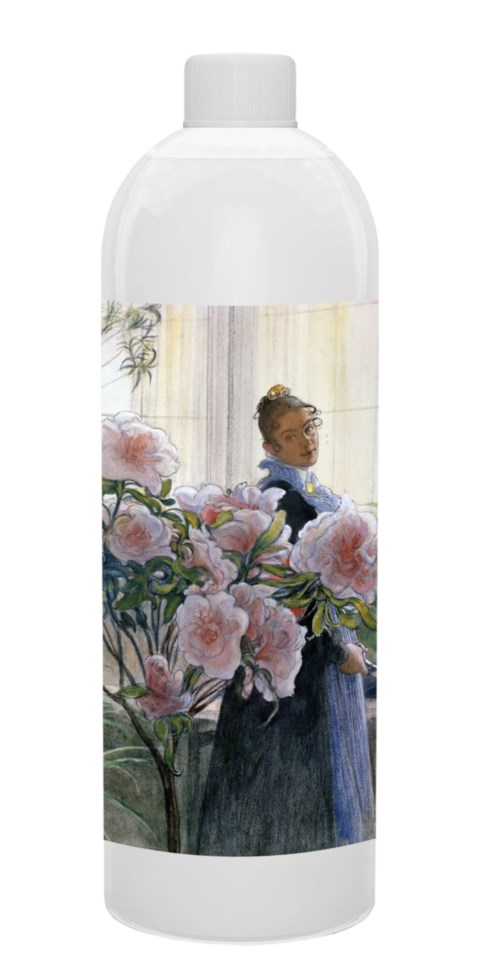 A bottle with a colorful illustration of a girl in a blue dress among pink flowers.