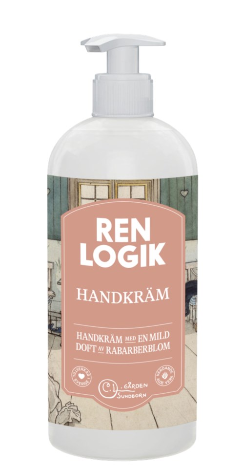 A white bottle with a pump, labeled Ren Logik Hand Cream, with a soft pink label and a background of a cozy room.
