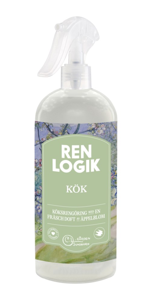 A spray bottle labeled "REN LOGIK KÖK" for cleaning kitchen surfaces with a spring flower theme.