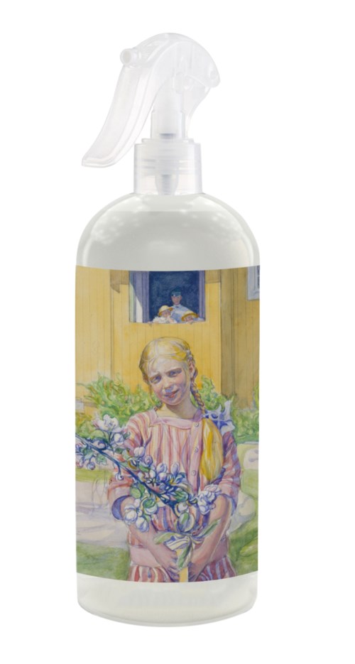 A spray bottle with a label showing a girl holding flowers and a person looking out a window.