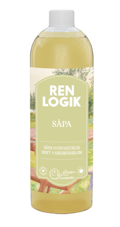 A bottle of soap labeled "Ren Logik Sapa" with a nature-themed design and a white cap.