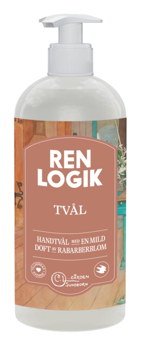 A hand sanitizer with a pump and label, called Ren Logik, scented with raspberry blossom, for gentle cleaning.