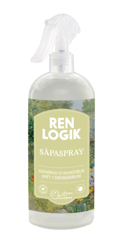 A spray bottle labeled 'Ren Logik Sapaspray' with a nature-themed background and green label.