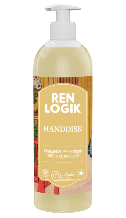 A pump bottle of hand sanitizer labeled 'Ren Logik Handdisks' with a wooden background design.