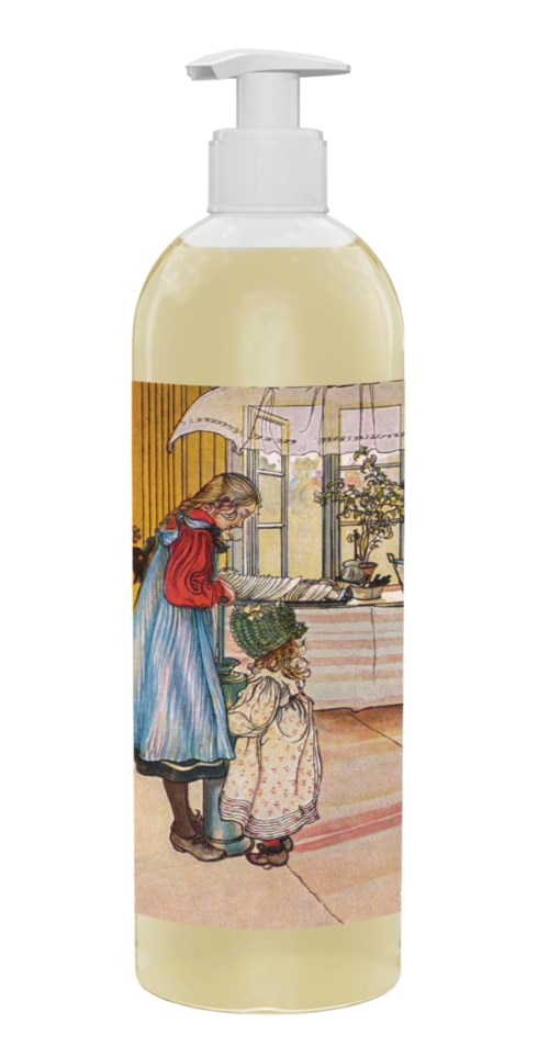 A soap bottle with an illustration of an old-fashioned scene, including two women and a child inside a cozy room.