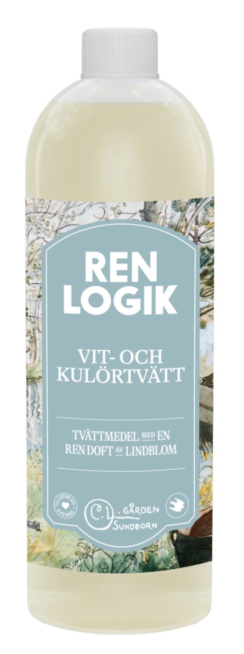A bottle of laundry detergent labeled 'REN LOGIK' with a light blue label and nature-themed design.