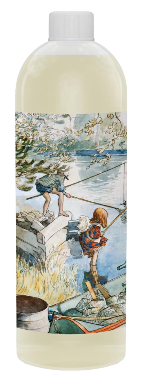 A bottle with a colorful illustration of children fishing by the water, near trees and a boat.