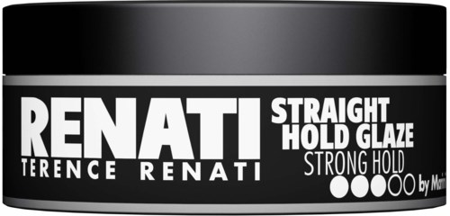 A black and white jar label for RENATI hair styling product with strong hold and straight look.