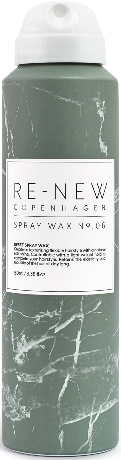 Eine grüne Spraydose mit weißem Deckel und Etikett, mit dem Namen RE-NEW COPENHAGEN, enthält Spraywachs.