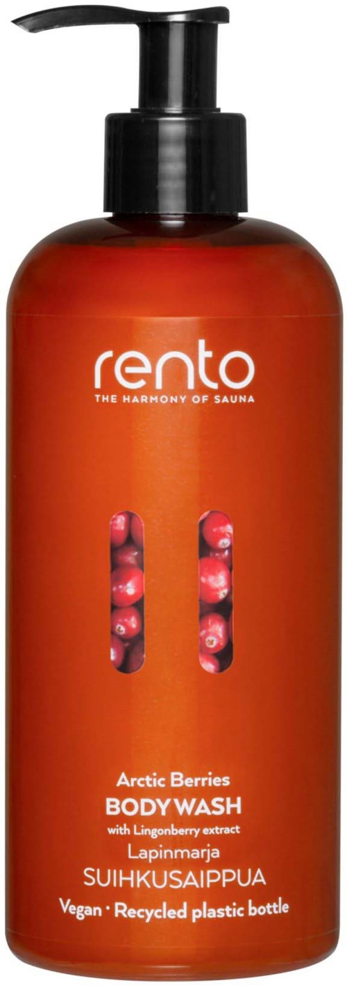En rödbrun plastflaska med pump, märkt "Rento Arctic Berries Body Wash," med bilder av bär.