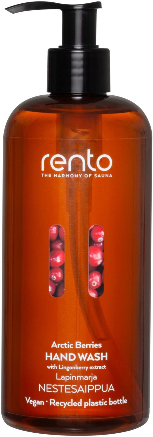 Campaingflaska med Rento Arctic Berries Hand Wash och pump, etiketten visar bär och tilläggsbeskrivning.