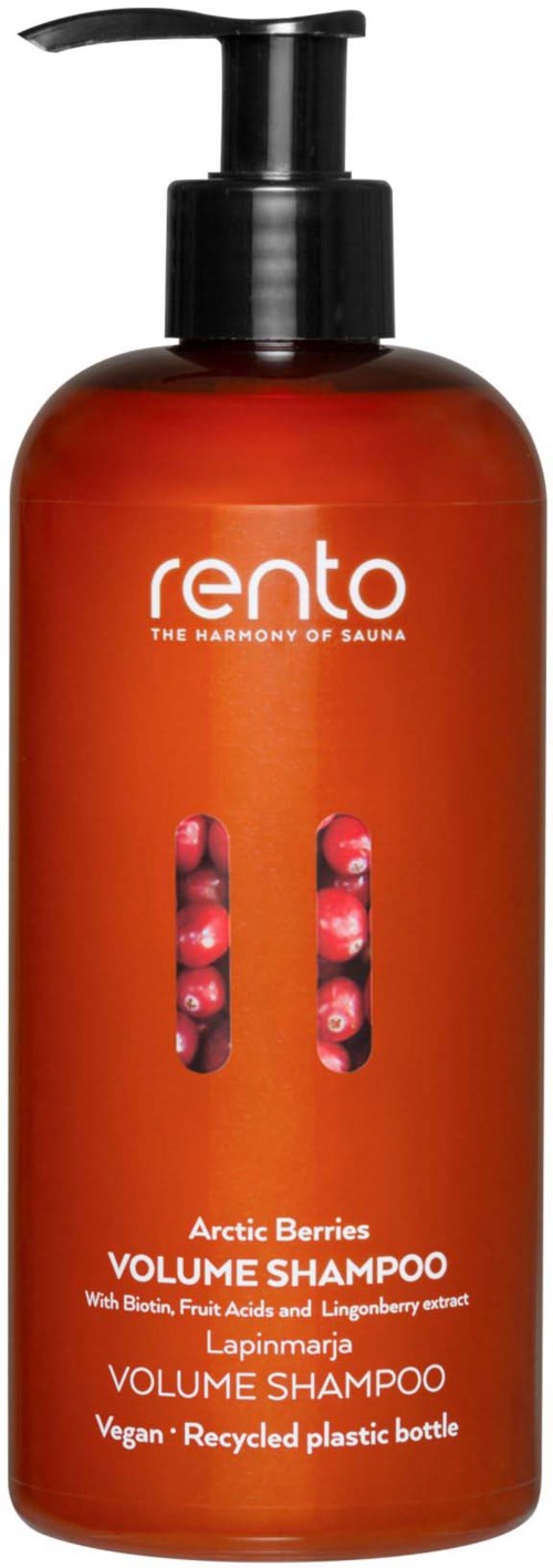 Punainen pumppupullo, jossa lukee Rento Arctic Berries Volume Shampoo, sisältää marjoja ja mainitsee vegaanisen kierrätyslaadun muovin.
