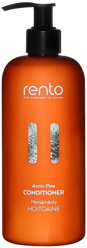 En brunt flaska med svart pump, märkt 'Rento Arctic Pine Conditioner' med bilder av tallnålar.