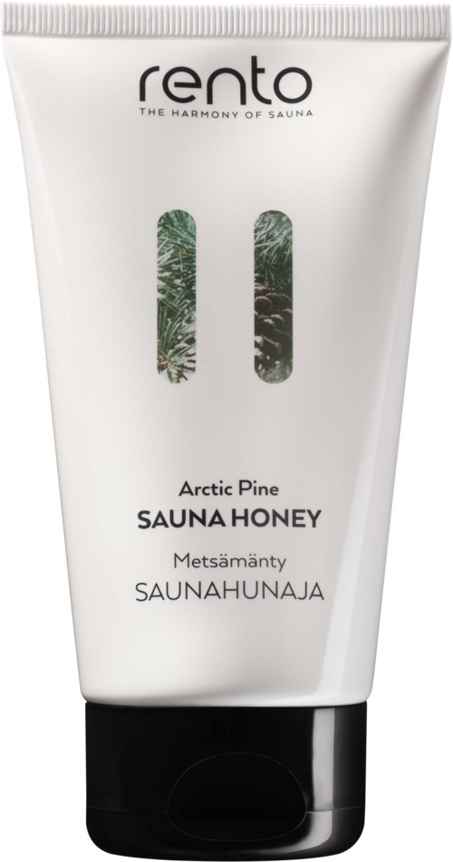 En vit tub med svart lock, märkt 'Rento Arctic Pine Sauna Honey' för hud- eller bastuanvändning.