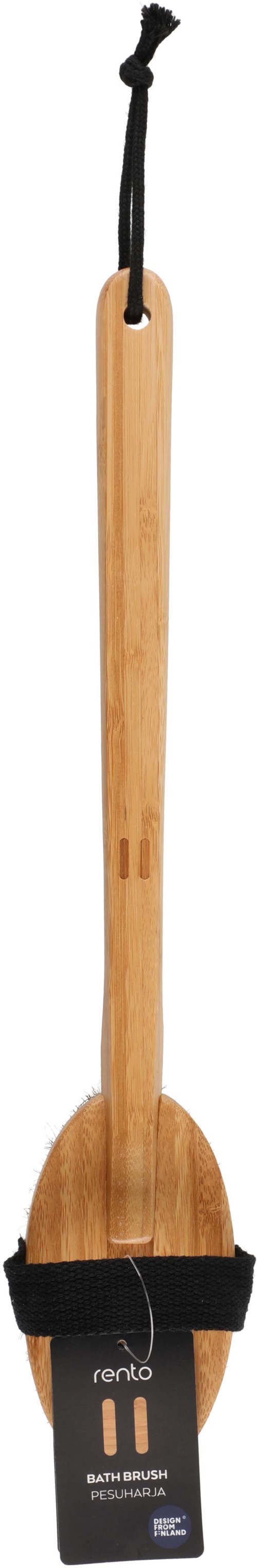 Eine Holz-Badbord mit langem Griff, schwarzem Riemen und Aufhängeschlaufe.