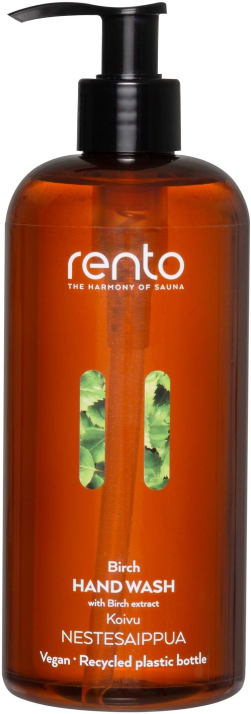 A brown, plastic bottle with a black pump, labeled 'Rento' and 'Birch Hand Wash' with images of leaves.