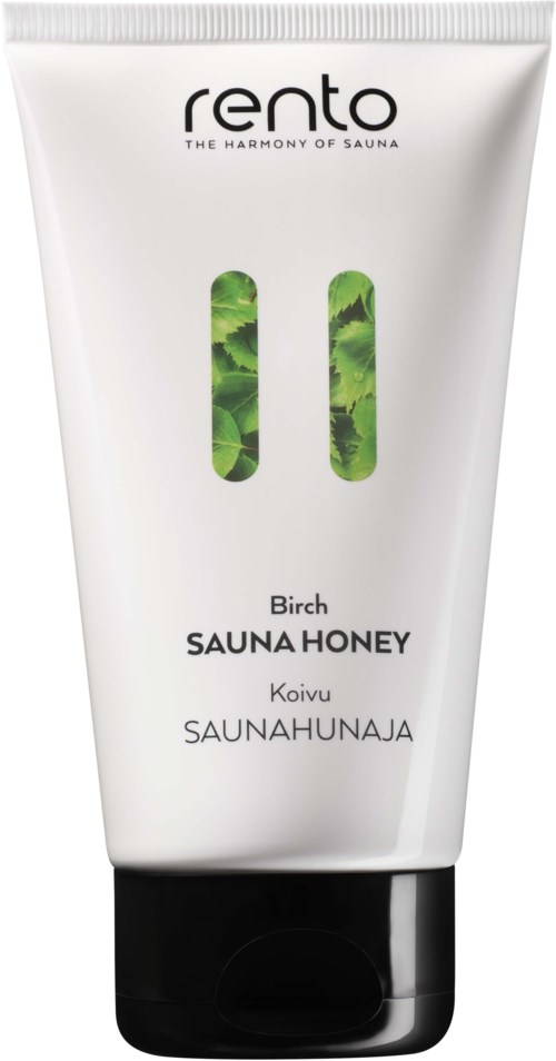Weiße Tube mit Sauna-Honig, grüne Blätter, beschriftet 'Rento' mit botanischen Düften, Birke und Koivua.