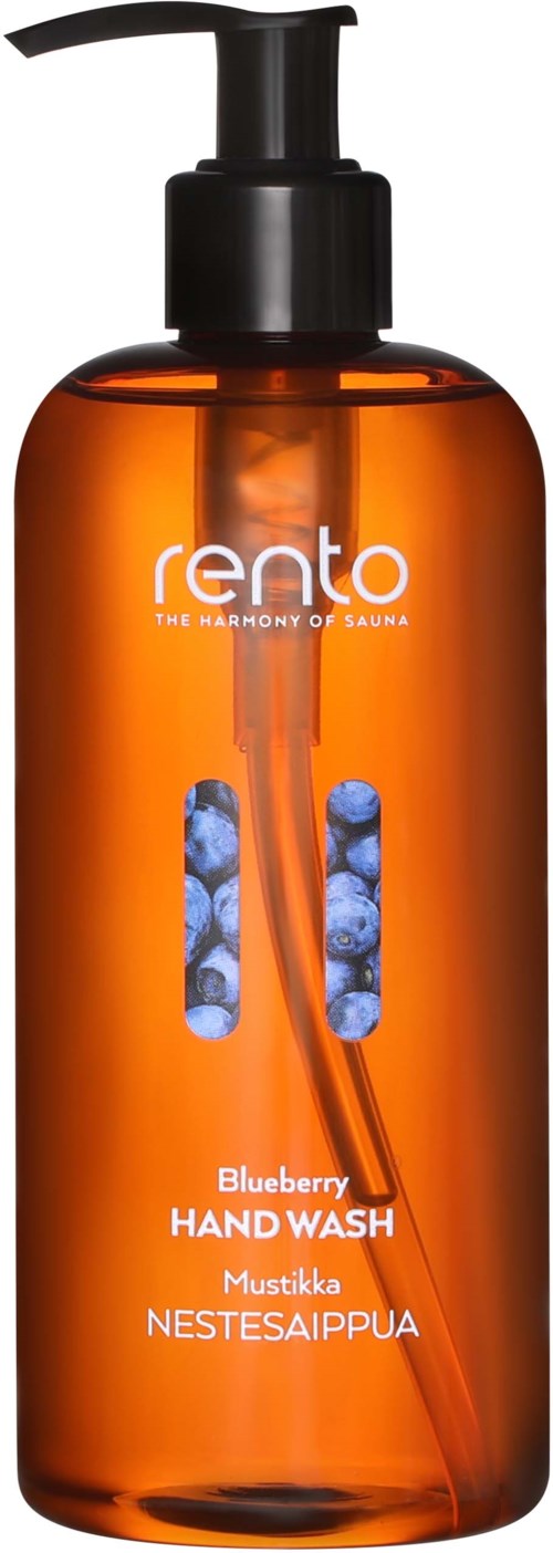 Eine orangefarbene Plastikflasche mit schwarzem Pump, gekennzeichnet 'Rento Blueberry Hand Wash,' enthält Handseife mit Blaubeeren.