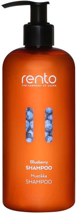 Brun flaska med blåbärsshampoo med pump, märkt "Rento" och "Blueberry Shampoo," enkel och ren design.