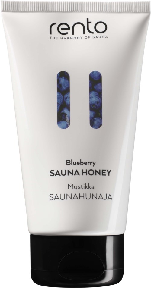 En tub med Rento Blueberry Sauna Honey med blå och svarta designinslag, text på flera språk och svart lock.