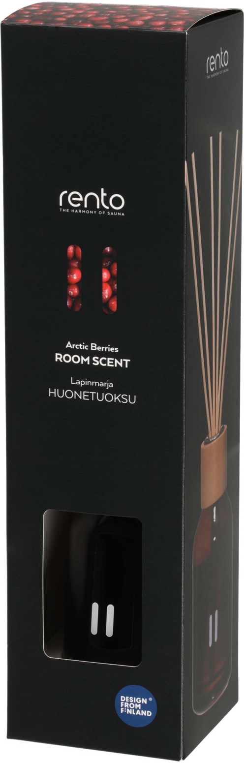Lange schwarze Box mit Fenster zeigt einen Diffusor mit Stäbchen. Text erwähnt Raumduft, Beerenduft, und Rento-Marke.