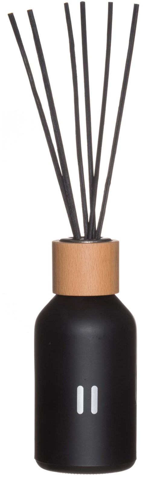 Ein schwarzer Diffusor mit Holzdeckel und weißen Punkten, mit Stangen daraus.