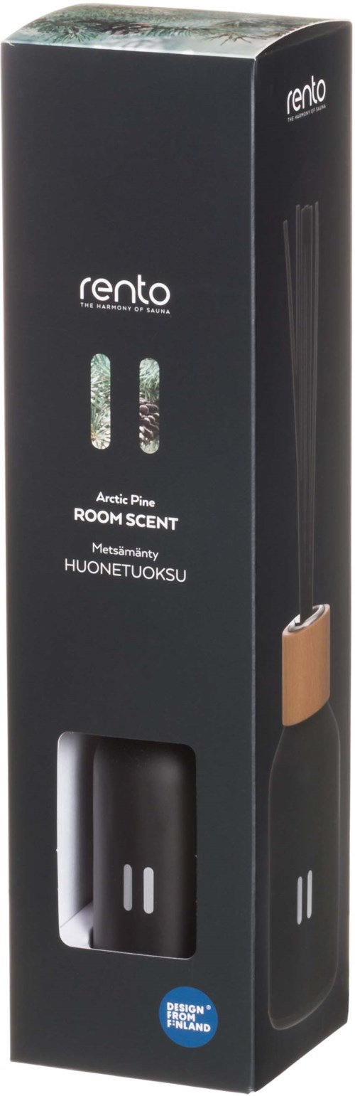 Eine schwarze Box mit dem Markennamen 'rento', Duftetikett und einer Öffnung an der Unterseite, wahrscheinlich für einen Duft.