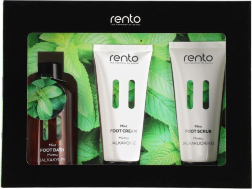 Foot care set includes mint foot bath, foot cream, and foot scrub with mint scent, all in a boxed package.