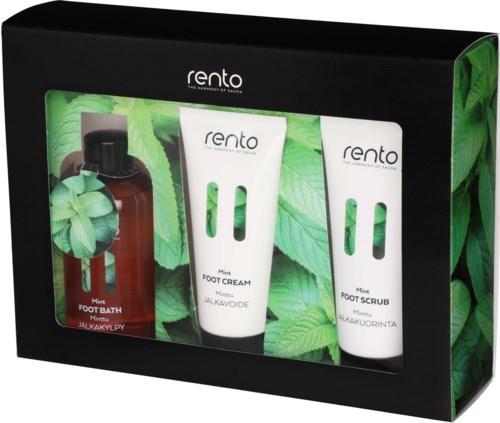 Set of three foot care products with mint scent: foot bath, foot cream, and foot scrub, in green leaf-themed packaging.