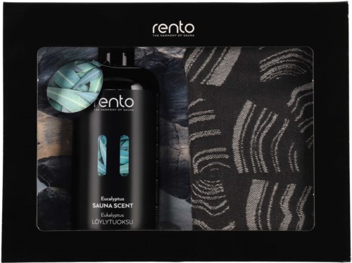 Svart box med en flaska eukalyptusdoft och en trasa inuti, märkt "Rento Sauna Scent".