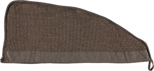 Eine braune und schwarze strukturierte Stofftasche mit Reißverschluss an einem Ende, keilförmig.