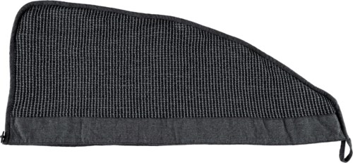 Eine schwarze Mesh- und Stofftasche mit Reißverschluss, keilförmig, für Werkzeug oder kleine Gegenstände.