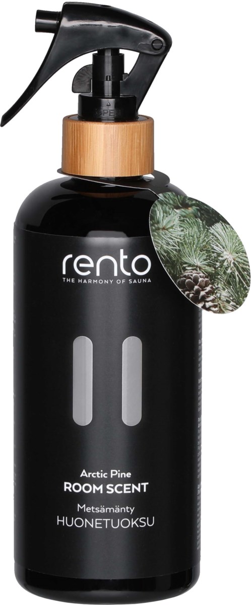 Black spray bottle with wooden neck, labeled 'Rento' and 'Arctic Pine', with a decorative round pine tree image.