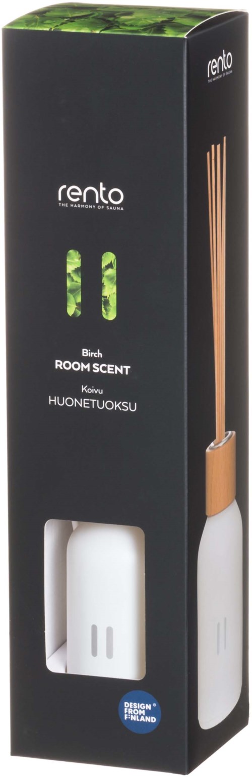 A black box with a reed diffuser inside, labeled "room scent" and "hibiscus". It has some green leaves on it.