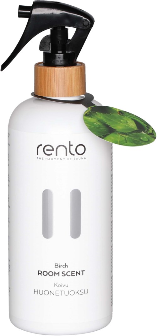 A white spray bottle with a black spray top, a wooden collar, and a green leaf tag. It is labeled as room scent.