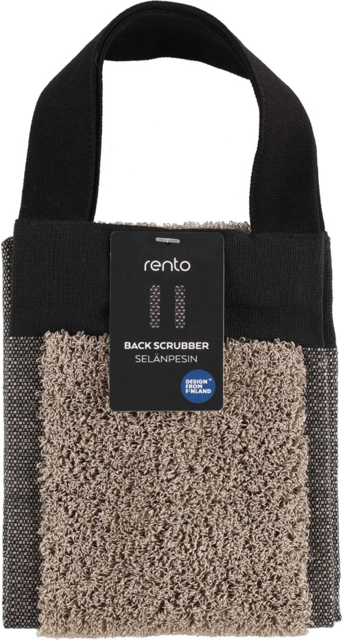 En handhållen rengöringsborste med rem, gjord av strukturerat tyg och mjukt, plyschmaterial, märkt 'Back Scrubber'.